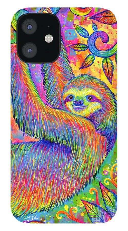 Sloth iPhone 12 Case featuring the painting Hanging Around - Psychedelic Sloth by Rebecca Wang