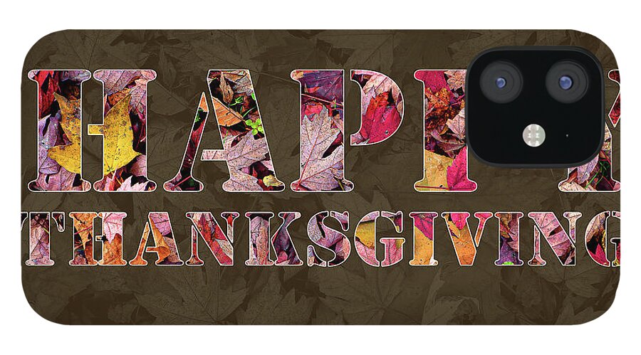 Happy Thanksgiving Greeting Card Colorful Leaves Knockout Text Fall Autumn iPhone 12 Case featuring the photograph Happy Thanksgiving Greeting Card by David Morehead