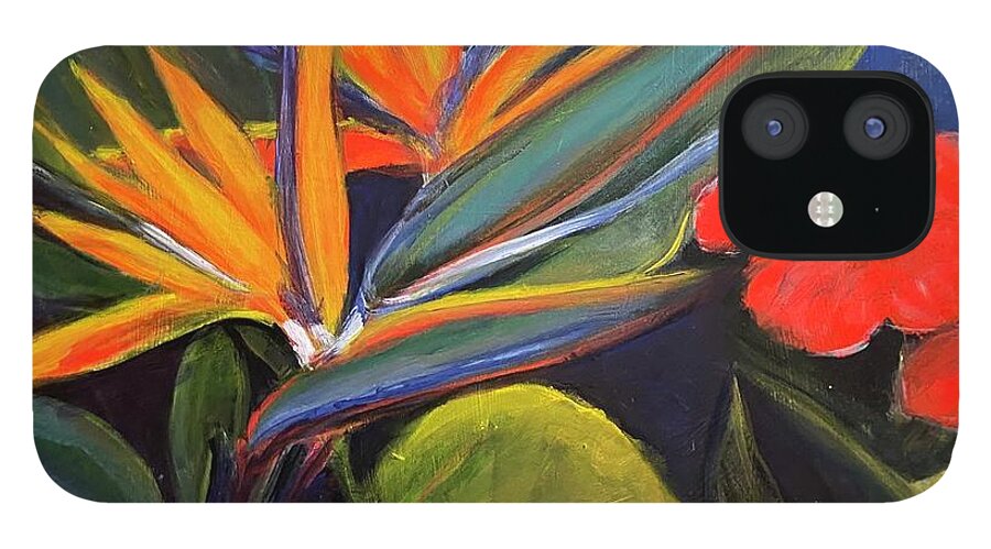 Bird Of Paradise iPhone 12 Case featuring the painting Hibiscus and Bird of Paradise by Denice Palanuk Wilson