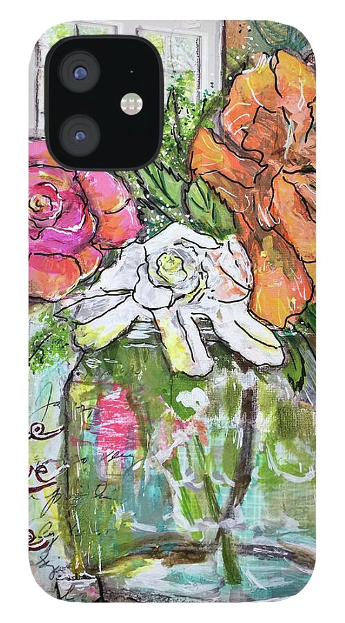 Word Art iPhone 12 Case featuring the mixed media Hibiscus Rose Gardenia by Janis Lee Colon