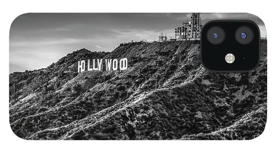 Hollywood Sign iPhone 12 Case featuring the photograph Hollywood Sign - Black And White by Gene Parks