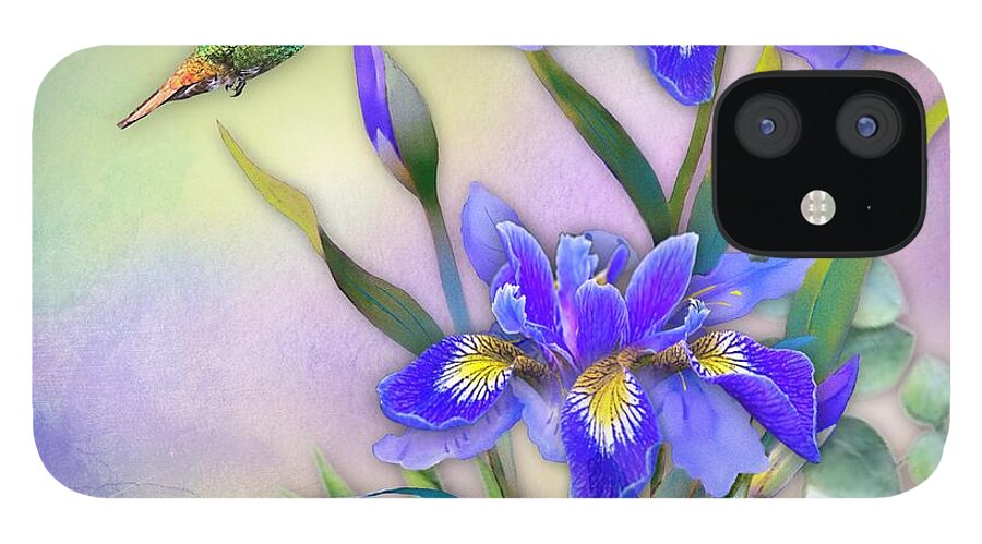 Hummingbird iPhone 12 Case featuring the digital art Hummingbird on Blue Iris by Morag Bates