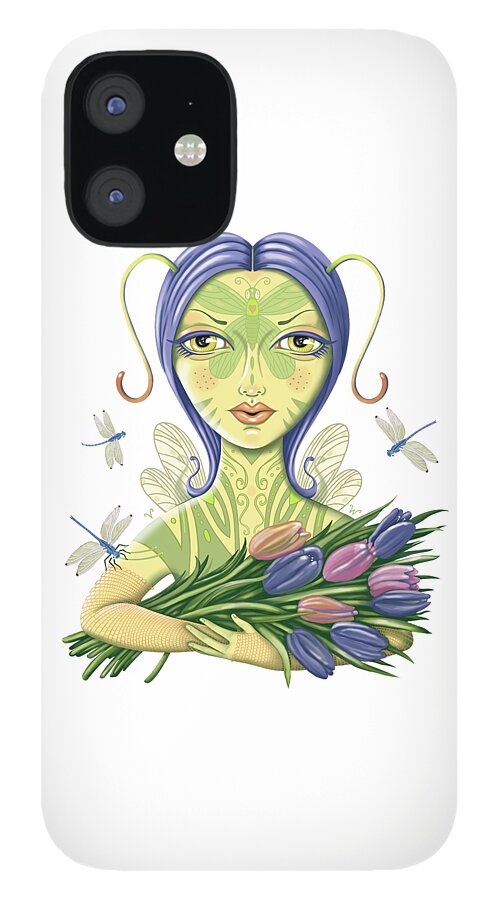 Fantasy iPhone 12 Case featuring the digital art Insect Girl, Antennette with Tulips by Valerie White