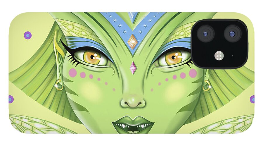 Fantasy iPhone 12 Case featuring the digital art Insect Girl, MantisAnne - Sq.Yellow by Valerie White