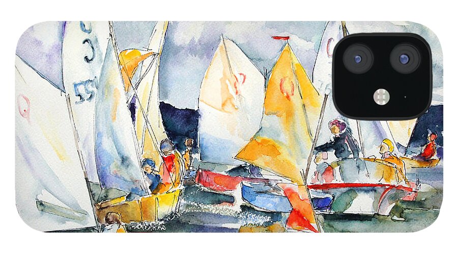 Optimist iPhone 12 Case featuring the painting Kids Sail Training by Barbara Pommerenke