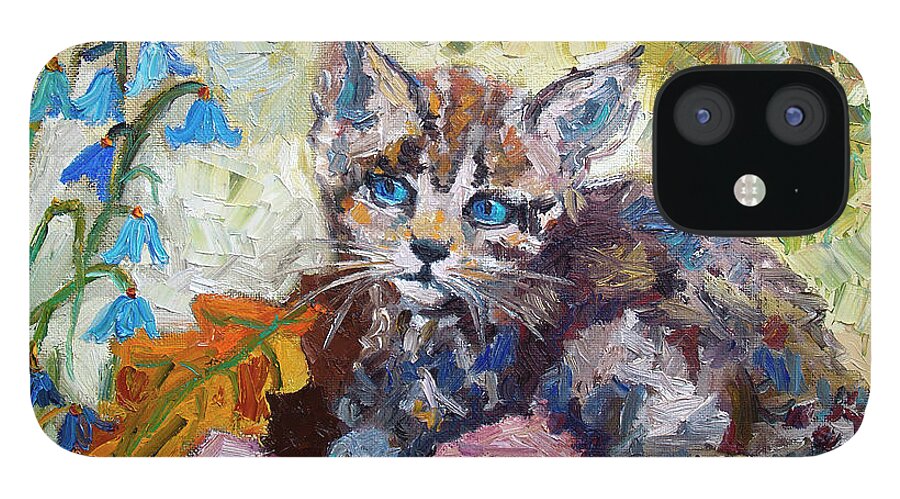 Cats iPhone 12 Case featuring the painting Kitten in Bluebells Palette Knife Painting by Ginette Callaway