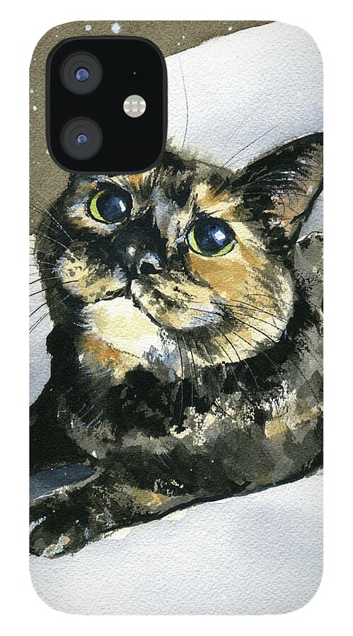 Cat iPhone 12 Case featuring the painting Lady Moss Tortoiseshell Cat Painting by Dora Hathazi Mendes