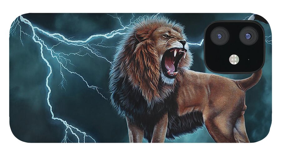  iPhone 12 Case featuring the painting Lightning Lion of Judah by Marika Sinclaire