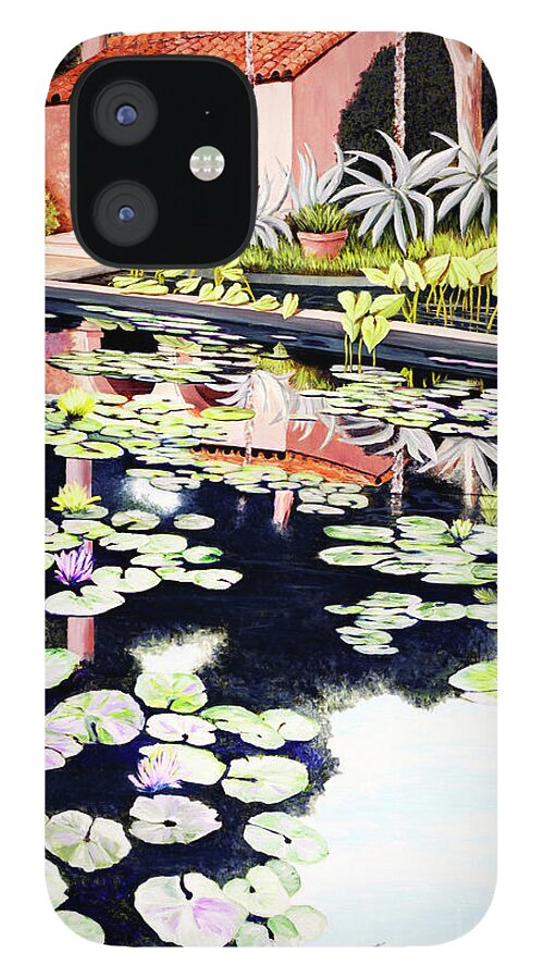 Swimming Pool iPhone 12 Case featuring the painting LILY'S GARDEN - Prints of oil painting by Mary Grden