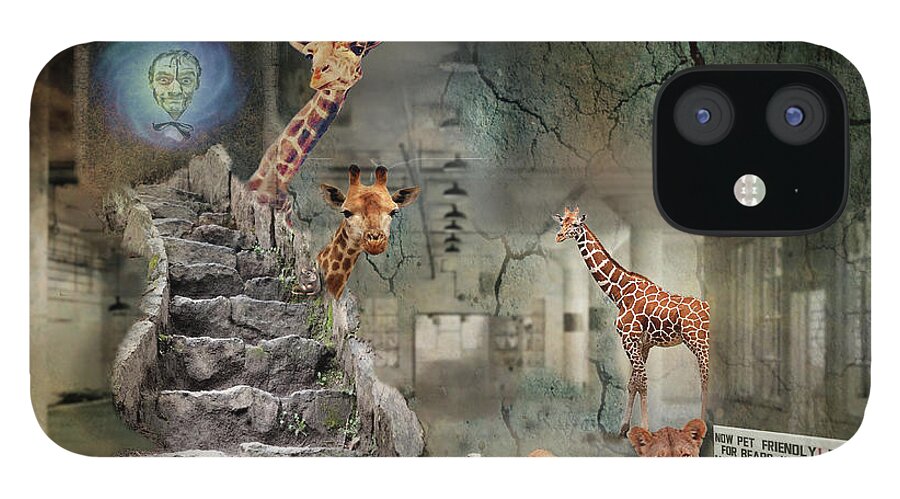 Silly iPhone 12 Case featuring the digital art Lions Stairs by Deb Nakano