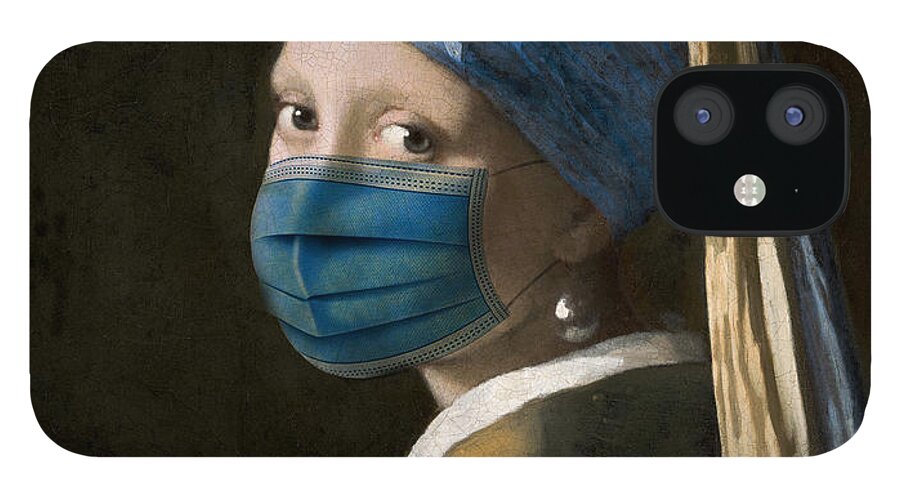 Coronavirus iPhone 12 Case featuring the digital art Masked Girl with a Pearl Earring by Nikki Marie Smith