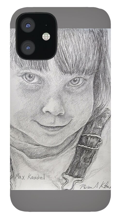 Gamin Child Young Boy Pencil Drawing Overalls Mischief Mischievous iPhone 12 Case featuring the drawing Max Kadel Drawing by Miriam A Kilmer