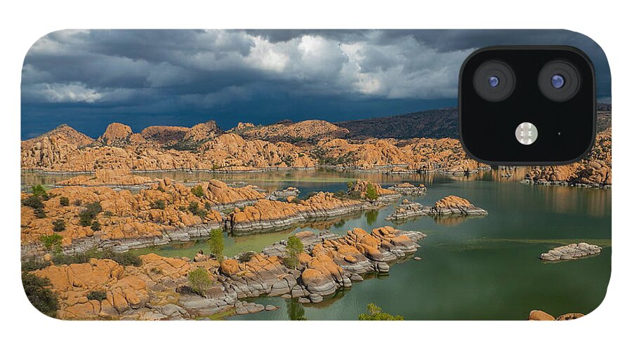 Fall Colors Granite Dells Boulders Water Lake Revivor Fstop101 Prescott Arizona Red Blue Colorful Rock Dark Clouds Summer Monsoon Storm iPhone 12 Case featuring the photograph Monsoon Storm Approaching the Granite Dells by Geno