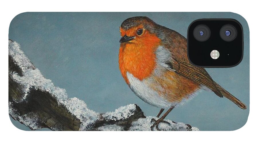 Robin iPhone 12 Case featuring the painting Mr Robin Toughening Out Mr Winter by Bob Williams