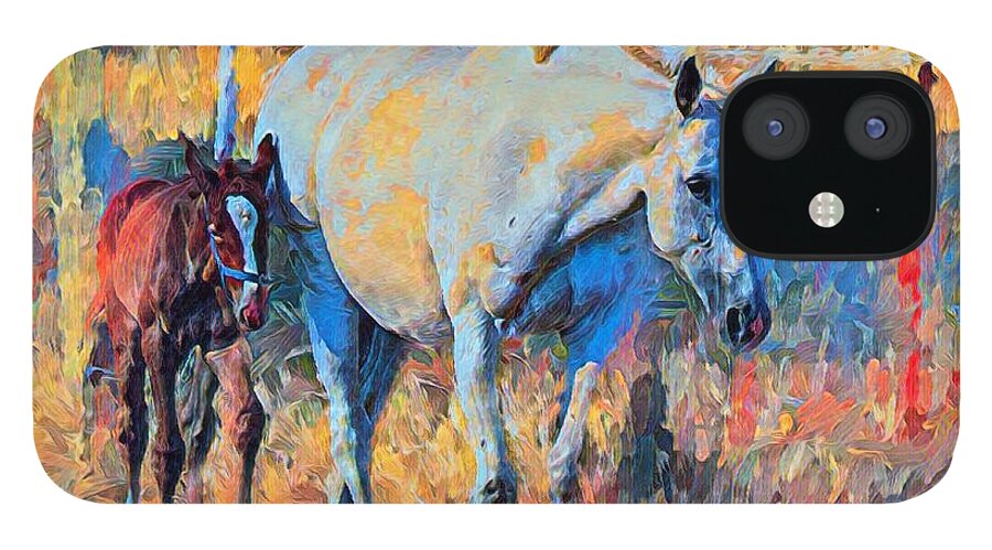Horse iPhone 12 Case featuring the mixed media Narla And Her Foal Evie by Joan Stratton