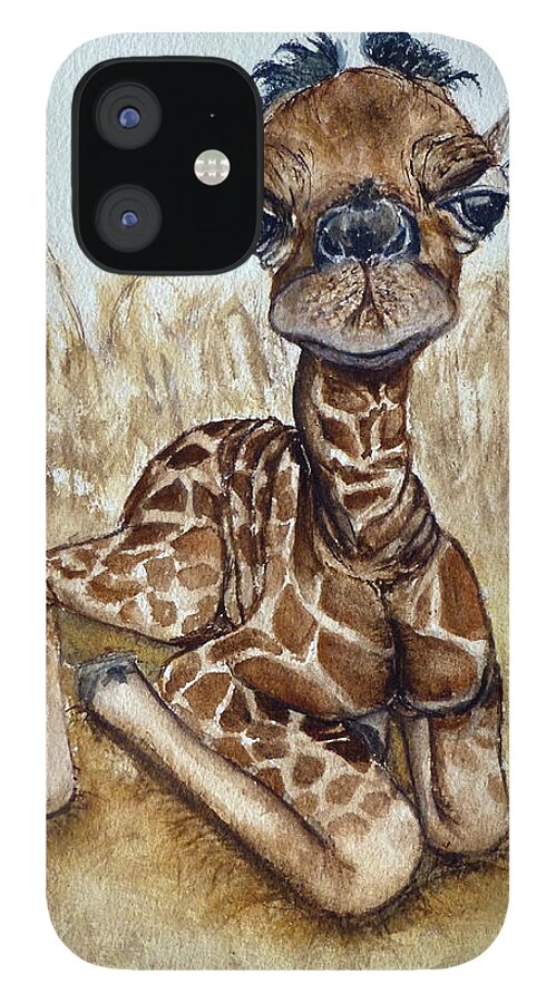 Baby Giraffe iPhone 12 Case featuring the painting New Born Baby Giraffe by Kelly Mills