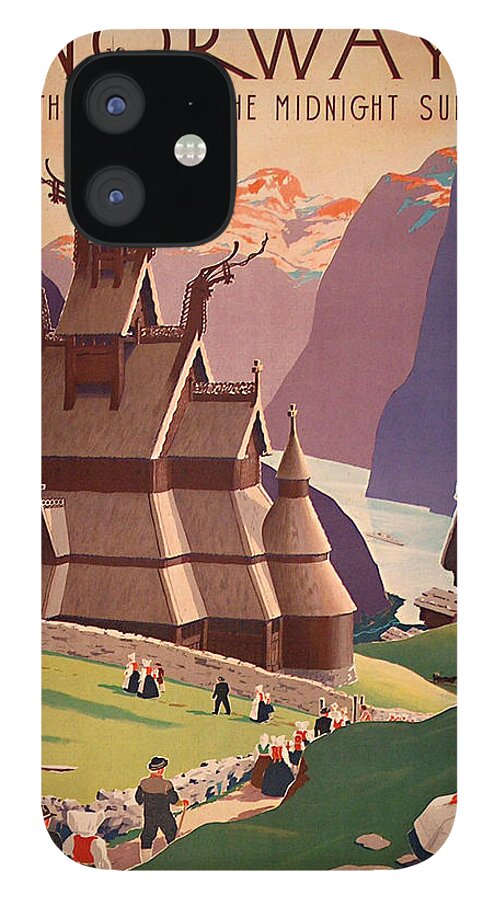 #faatoppicks iPhone 12 Case featuring the painting Norway, vintage travel poster by Long Shot