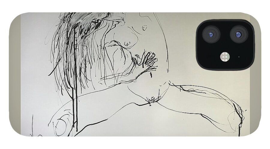 Nude iPhone 12 Case featuring the drawing Nude Covid Days by Elizabeth Parashis