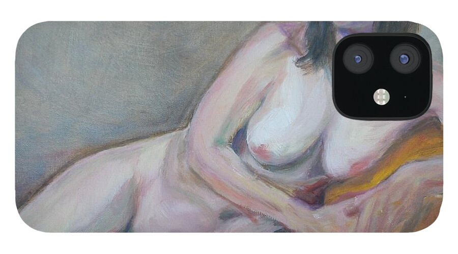 Impressionism iPhone 12 Case featuring the painting Nude Leaning - Original Contemporary Impressionist Painting by Quin Sweetman