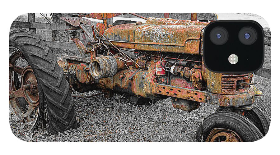 Old Red Tractor Farm Antique Flat Tire Pumpkin Fall October B&w Isolate Color iPhone 12 Case featuring the photograph Old Red Tractor by David Morehead