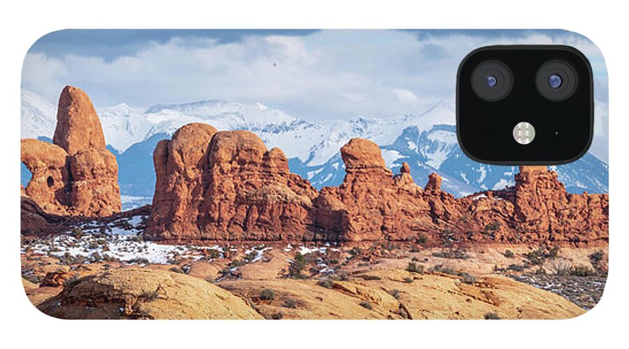 Panorama iPhone 12 Case featuring the photograph Panorama of rock formations in Arches National Park by Robert Miller