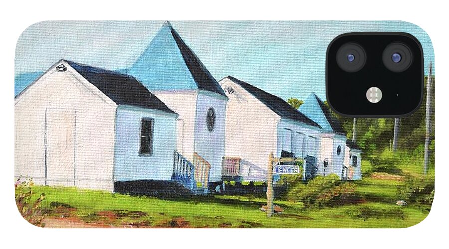 Peabody Beach iPhone 12 Case featuring the painting Peabody Beach Newport RI Beach Shacks Peabody Beach Navy Beach by Patty Kay Hall