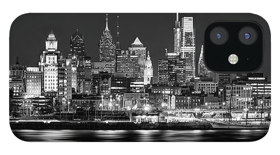 #faatoppicks iPhone 12 Case featuring the photograph Philadelphia Philly Skyline at Night from East Black and White BW by Jon Holiday