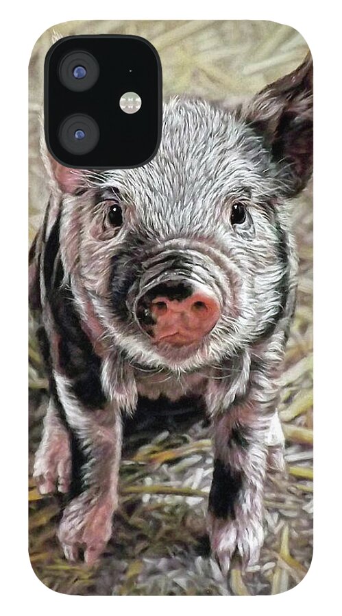 Pig iPhone 12 Case featuring the painting Piglet by Linda Becker