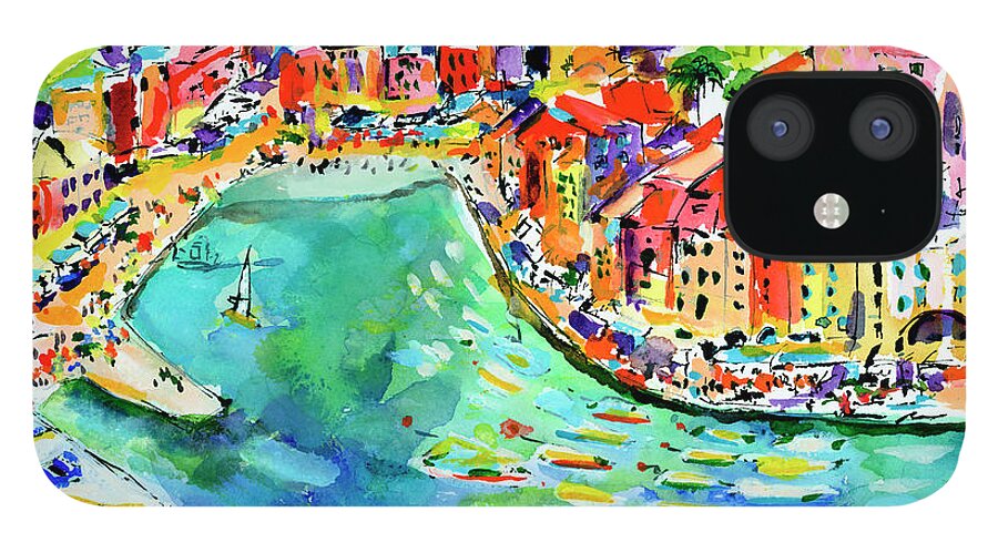 Italian Riviera iPhone 12 Case featuring the painting Portofino Summer Fun with Boats and Street Cafes by Ginette Callaway