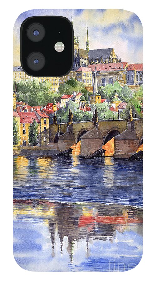 Watercolour Watercolor Prague Praha Cityscape Castle Old City Hous Bridge iPhone 12 Case featuring the painting Prague Castle with the Vltava River 1 by Yuriy Shevchuk