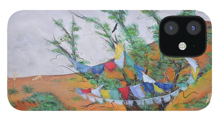 Sacred Art Painting iPhone 12 Case featuring the painting Prayer Flags by Deborha Kerr