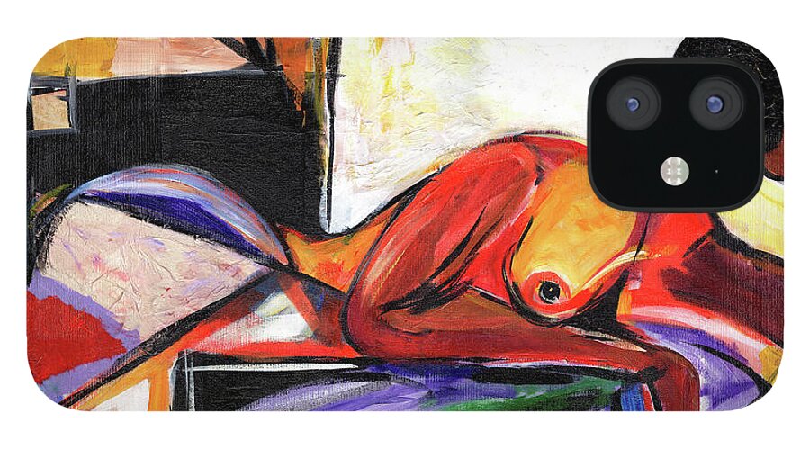 African Mask iPhone 12 Case featuring the mixed media Reclining Nude by Everett Spruill