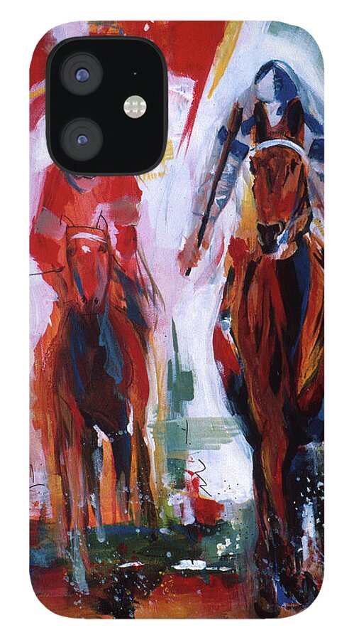 Kentucky Horse Racing iPhone 12 Case featuring the painting Red and Green Race by John Gholson