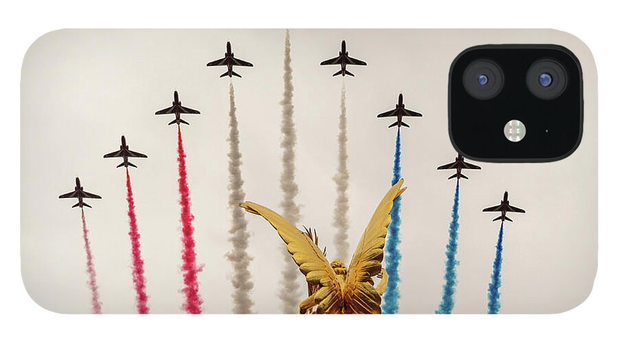 Raf iPhone 12 Case featuring the photograph Red Arrows over Victoria Memorial by Andrew Lalchan