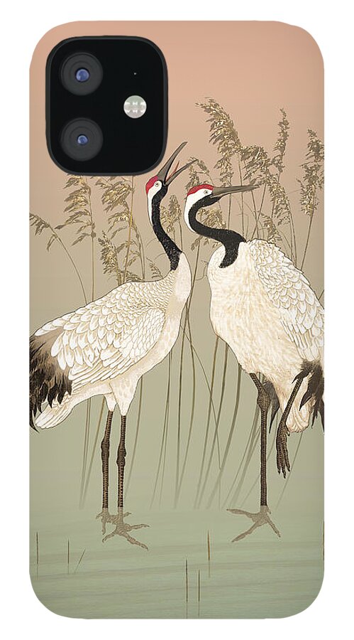Crane iPhone 12 Case featuring the digital art Red Crowned Cranes at Sunset by M Spadecaller