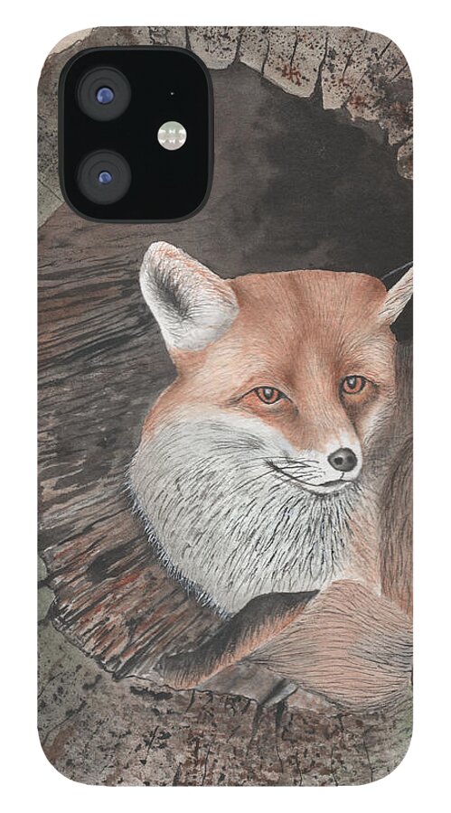 Red Fox iPhone 12 Case featuring the painting Red Fox in Hollow Log by Bob Labno