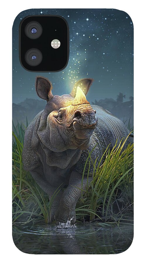 Rhino iPhone 12 Case featuring the digital art Rhinoceros Unicornis by Jerry LoFaro