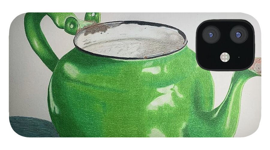 Green Teapot iPhone 12 Case featuring the drawing Rusty Lil Teapot by Colette Lee
