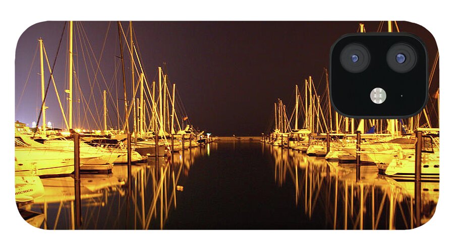 Waterscape iPhone 12 Case featuring the photograph Sail Boat Lights Night Monroe Harbor by Patrick Malon