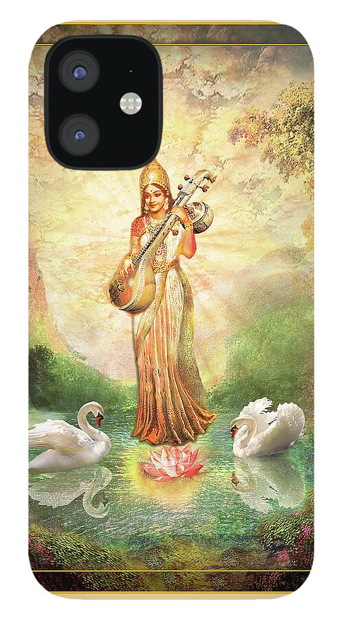 Sarasvati iPhone 12 Case featuring the mixed media Sarasvati - Goddess of Art, Music and Wisdom by Ananda Vdovic