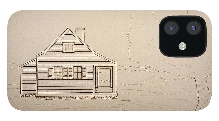 Sketch iPhone 12 Case featuring the drawing Saratoga Farmhouse by John Klobucher