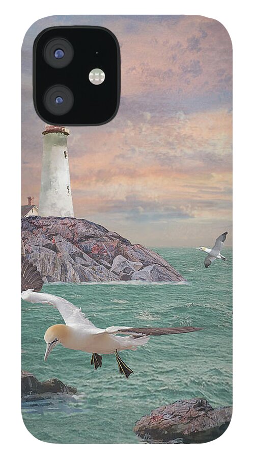 Lighthouse iPhone 12 Case featuring the digital art Seabirds at Rocky Point Lighthouse by M Spadecaller