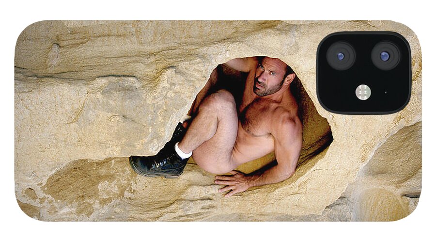 Abs iPhone 12 Case featuring the photograph Sexy nude male hiding in a sand cave by Gunther Allen