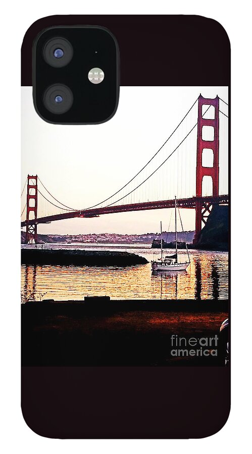 Golden Gate Bridge iPhone 12 Case featuring the painting SF Fog Meets October Sunset by Artist Linda Marie