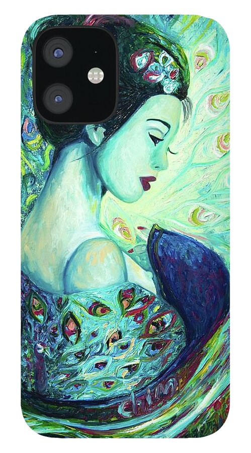 Lady iPhone 12 Case featuring the painting Silk Peafowl by Chiara Magni