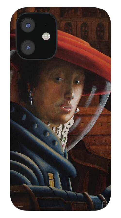 Astronaut iPhone 12 Case featuring the painting Spacegirl with Red Helmet - after Vermeer by Ken Kvamme
