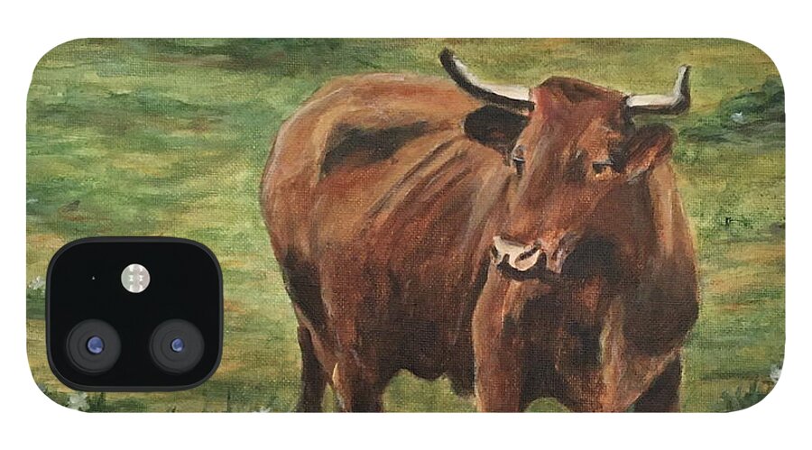 Spanish Bull iPhone 12 Case featuring the painting standing Bull by Bonnie Peacher