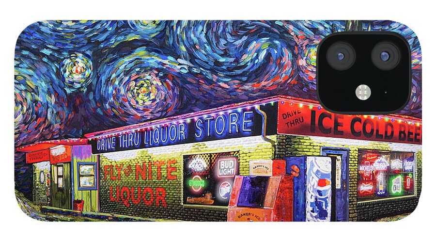Acrylic iPhone 12 Case featuring the mixed media Starry Starry Fly by Nite Drive Thru Liquor Store by Robert FERD Frank