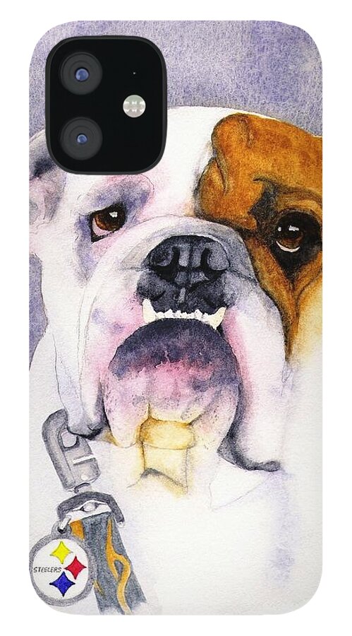 Bulldog iPhone 12 Case featuring the painting Steelers Fan by Vicki B Littell