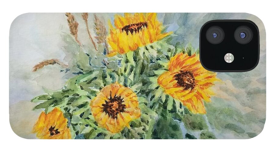 Sunflowers iPhone 12 Case featuring the painting Sunflowers in blue vase by Milly Tseng